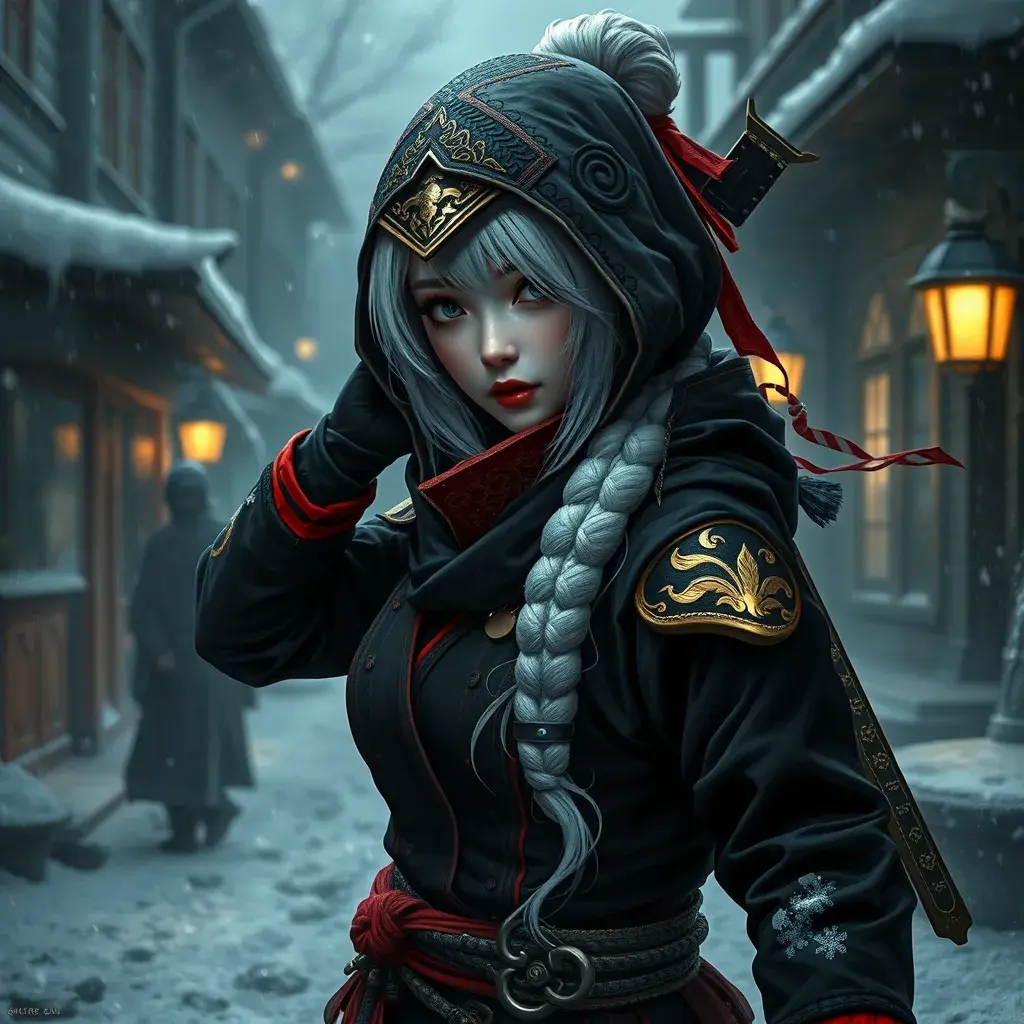 Mysterious beautiful white kunoichi ninja wearing black, red and gold in the streets of a dark snowy town in russia, 8k, Intricate Details, Trending on Artstation, White Hair by Stanley Artgerm Lau, WLOP