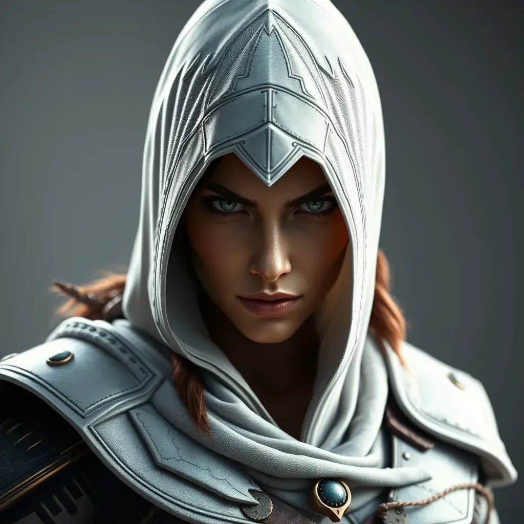 Alluring matte portrait of a fierce looking Kassandra in white Assassin's Creed armor, 8k, Highly Detailed, Intricate, Half Body, Realistic, Sharp Focus, Volumetric Lighting, Fantasy, Elegant