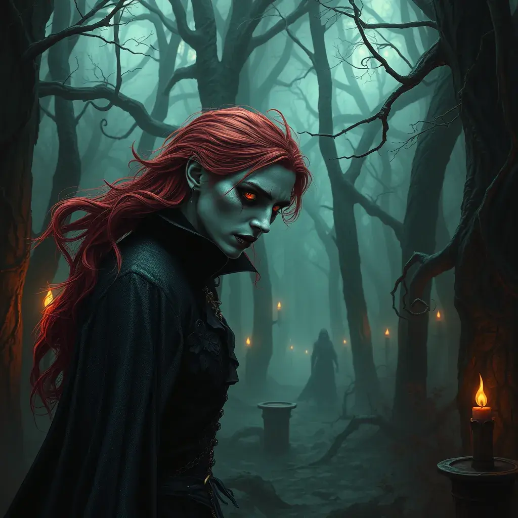 Red haired vampire in a haunted forest, Highly Detailed, Intricate, Gothic, Volumetric Lighting, Fantasy, Dark by Stanley Artgerm Lau