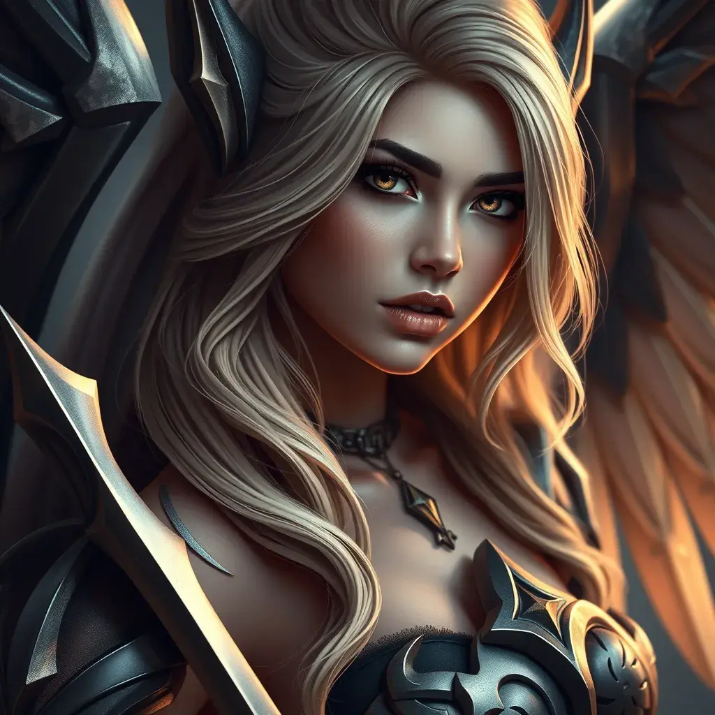 Alluring matte portrait of a beautiful Kayle from League of Legends in the style of Stefan Kostic, 8k, High Definition, Highly Detailed, Intricate, Half Body, Realistic, Sharp Focus, Fantasy, Elegant