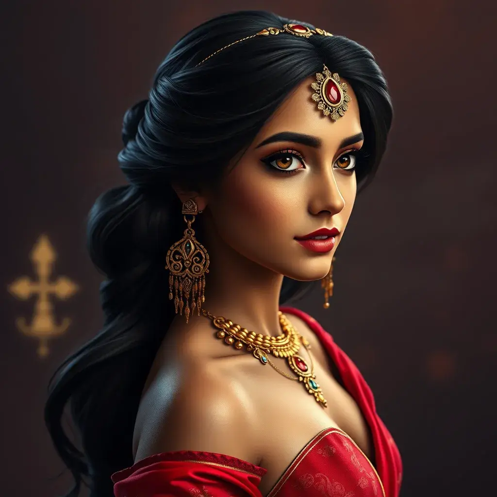 Matte portrait of the beautiful Princess Jasmine in dark red, 8k, Highly Detailed, Intricate, Realistic, Sharp Focus, Volumetric Lighting, Fantasy, Elegant by Stanley Artgerm Lau, Alphonse Mucha, WLOP, Stefan Kostic