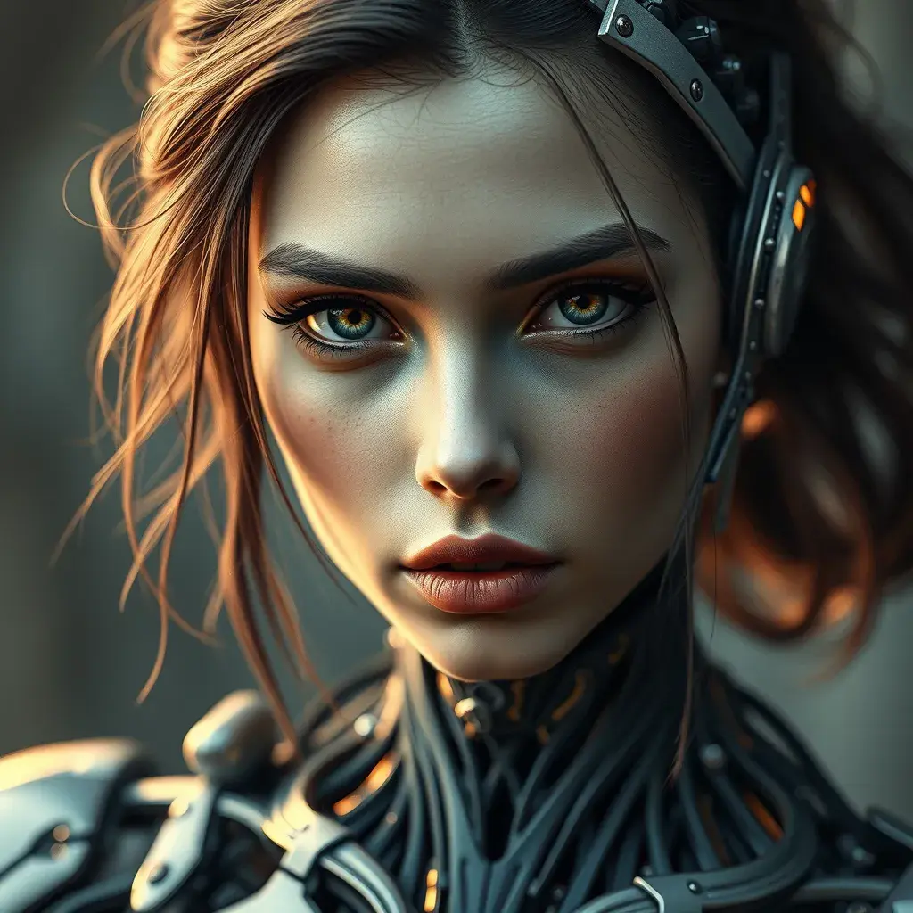 Alluring highly detailed matte portrait of a beautiful cyborg in the style of Stefan Kostic, 8k, High Definition, Highly Detailed, Intricate, Half Body, Realistic, Sharp Focus, Fantasy, Elegant