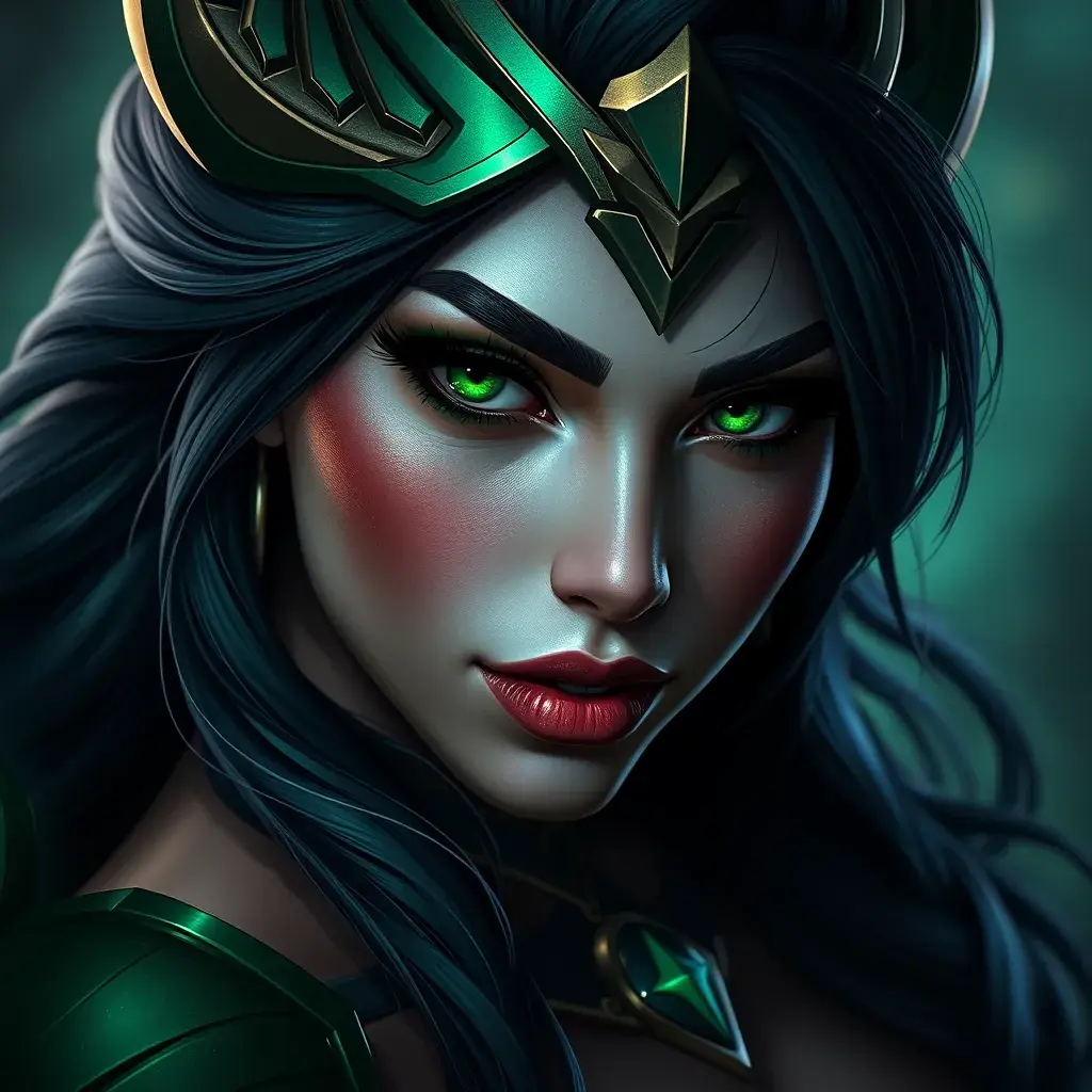 Alluring portrait of a beautiful Sivir from League of Legends in Green, Highly Detailed, Half Body, Bokeh effect, Photo Realistic by Stefan Kostic