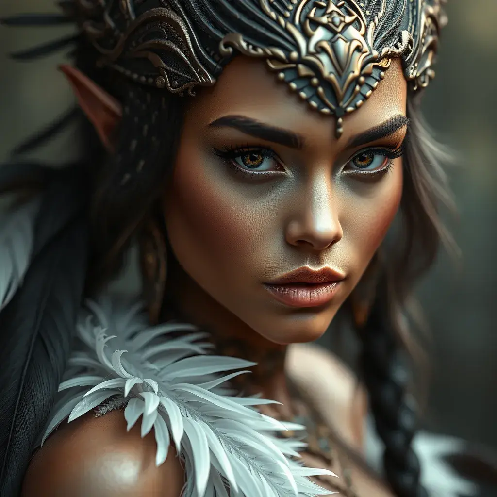 Alluring matte portrait of a beautiful Nidalee wearing feathers, 8k, Highly Detailed, Intricate, Half Body, Realistic, Sharp Focus, Volumetric Lighting, Fantasy, Elegant by Stanley Artgerm Lau, Alphonse Mucha, WLOP