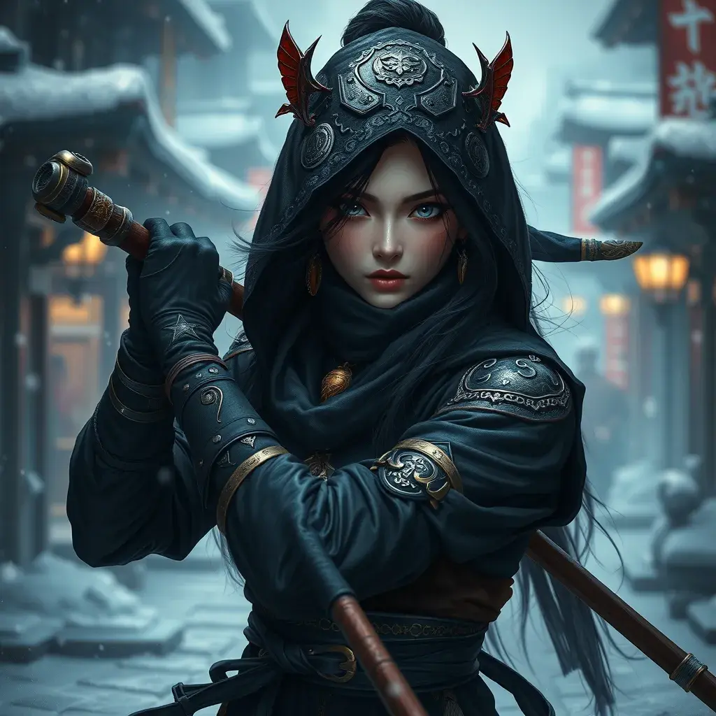 Mysterious beautiful armed kunoichi ninja wearing eyeliner and gold jewelry in the streets of a dark snowy town, 8k, Intricate Details, Trending on Artstation, Beautiful, Stunning, Centered by Stanley Artgerm Lau, WLOP