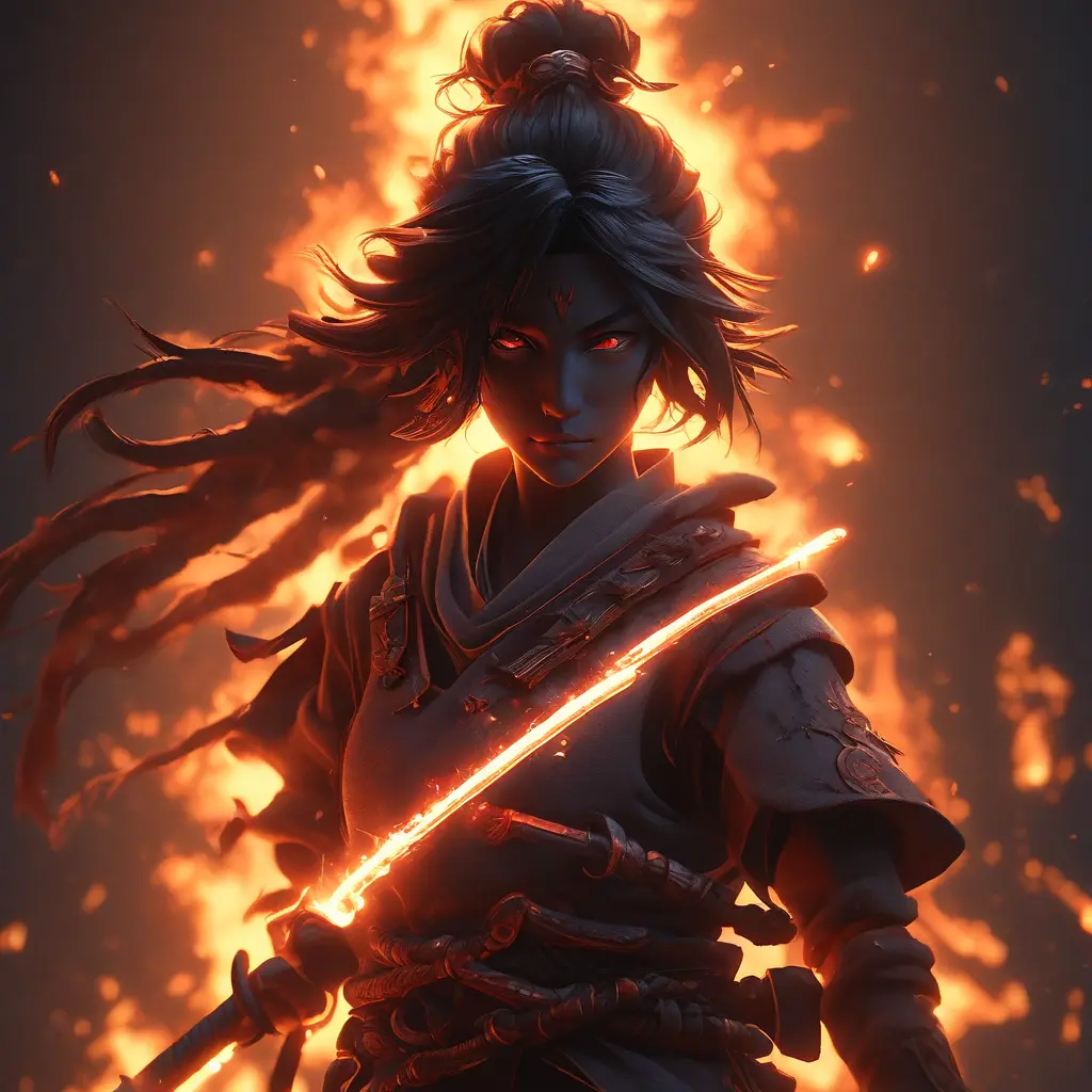 Silhouette of a samurai female assassin in the style of Fire watch, 8k, Dystopian, Trending on Artstation, Volumetric Lighting