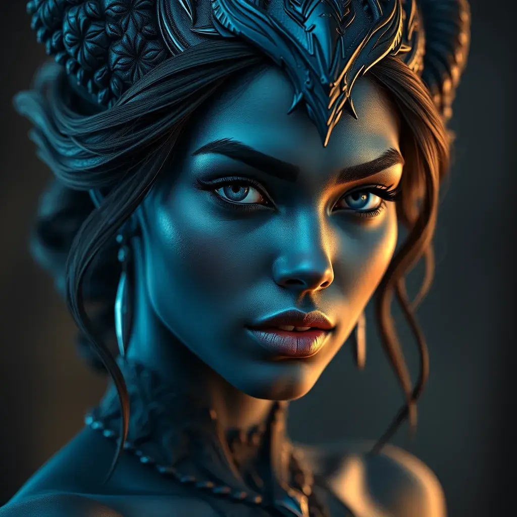 Matte portrait of the beautiful Nidalee in dark blue, 8k, Highly Detailed, Intricate, Realistic, Sharp Focus, Volumetric Lighting, Fantasy, Elegant by Stanley Artgerm Lau, WLOP, Stefan Kostic