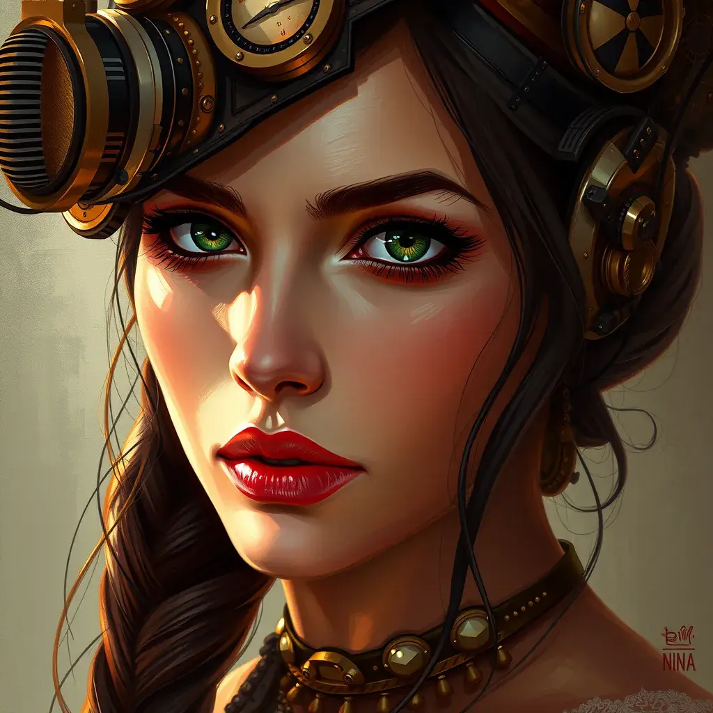 Steampunk portrait of Nina Dobrev, Highly Detailed, Intricate, Artstation, Beautiful, Digital Painting, Sharp Focus, Concept Art, Elegant