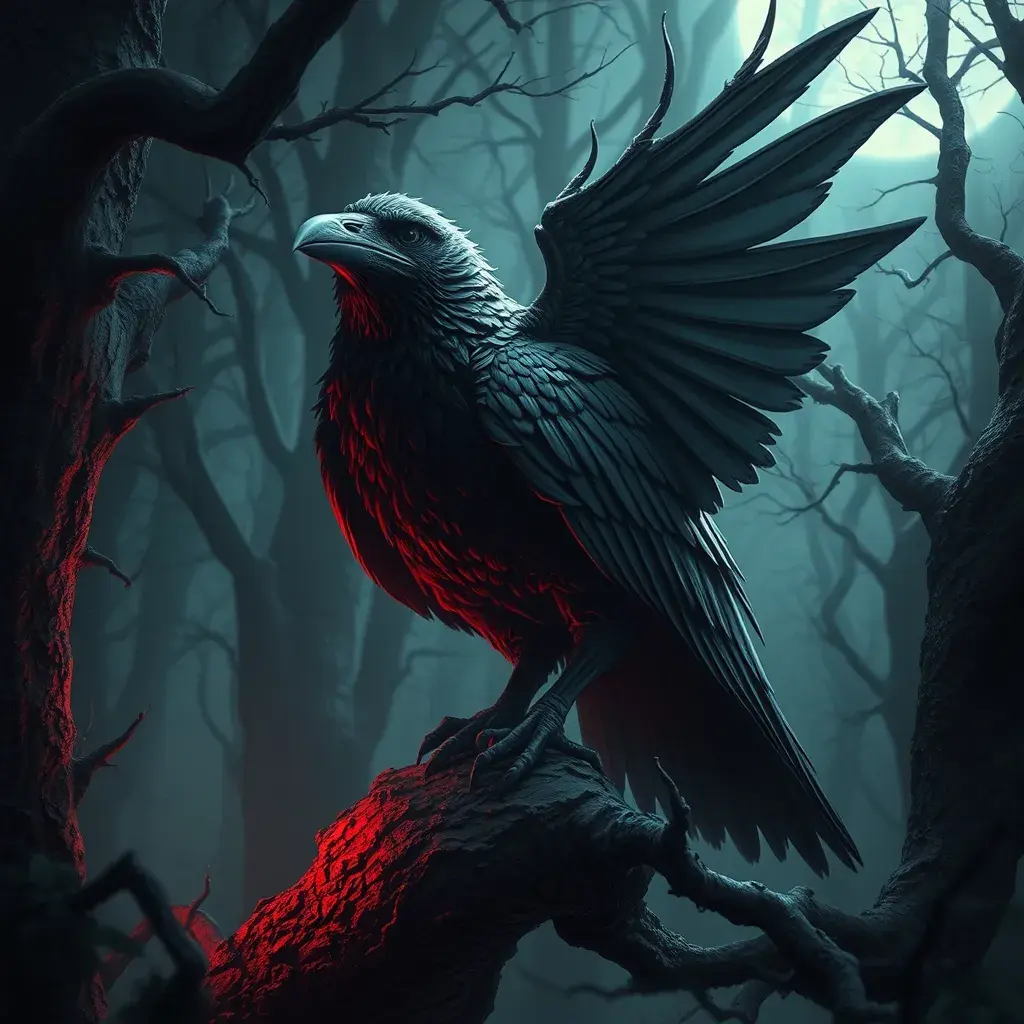 Raven in a haunted forest, Highly Detailed, Intricate, Gothic, Volumetric Lighting, Fantasy, Dark by Stanley Artgerm Lau