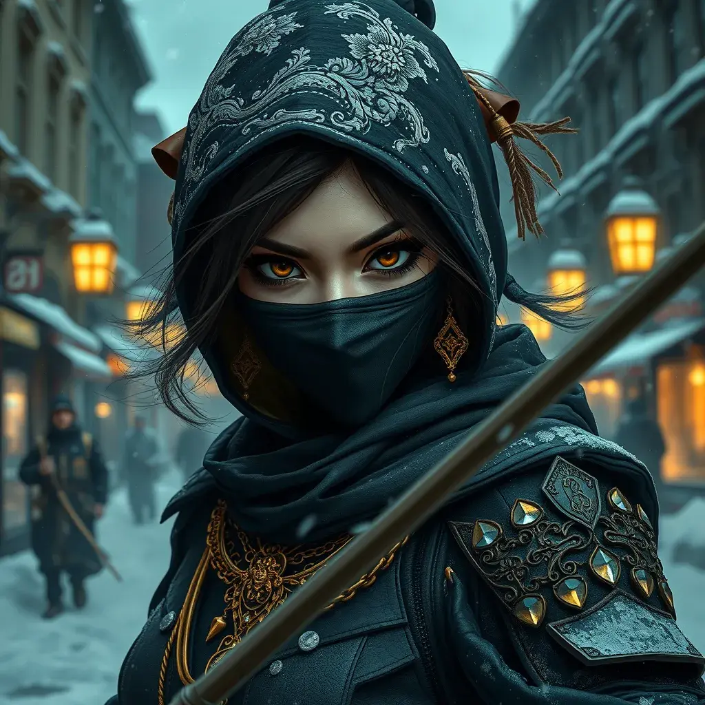 Wallpaper of a mysterious beautiful masked kunoichi ninja wearing eyeliner and gold jewelry in the streets of a dark snowy town in moscow, fluid motion, 8k, Intricate Details, Trending on Artstation, Beautiful, Stunning, Centered by Stanley Artgerm Lau, WLOP