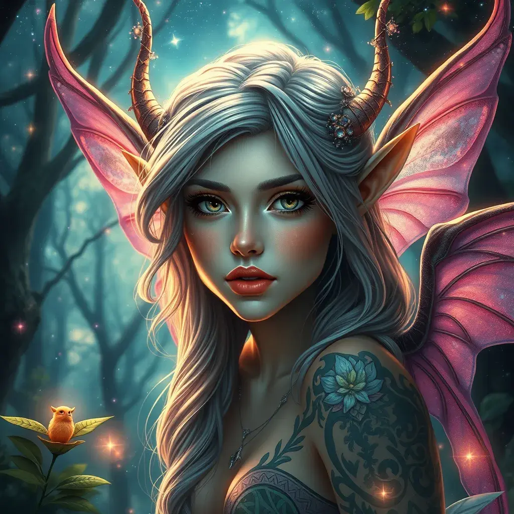 Beautiful elf in a magical forest, 4k, Highly Detailed, Hyper Detailed, Masterpiece, Full Body, Cosmic Nebulae, Full Lips, Pretty Face, Tattoos, Wings, Digital Illustration, Bloom light effect, Cinematic Lighting, Realistic, Sharp Focus, Deviantart, Centered, Beautifully Lit, Bioluminescent, Radiant, Vibrant Colors by Stanley Artgerm Lau, Alphonse Mucha, Greg Rutkowski, Stefan Kostic