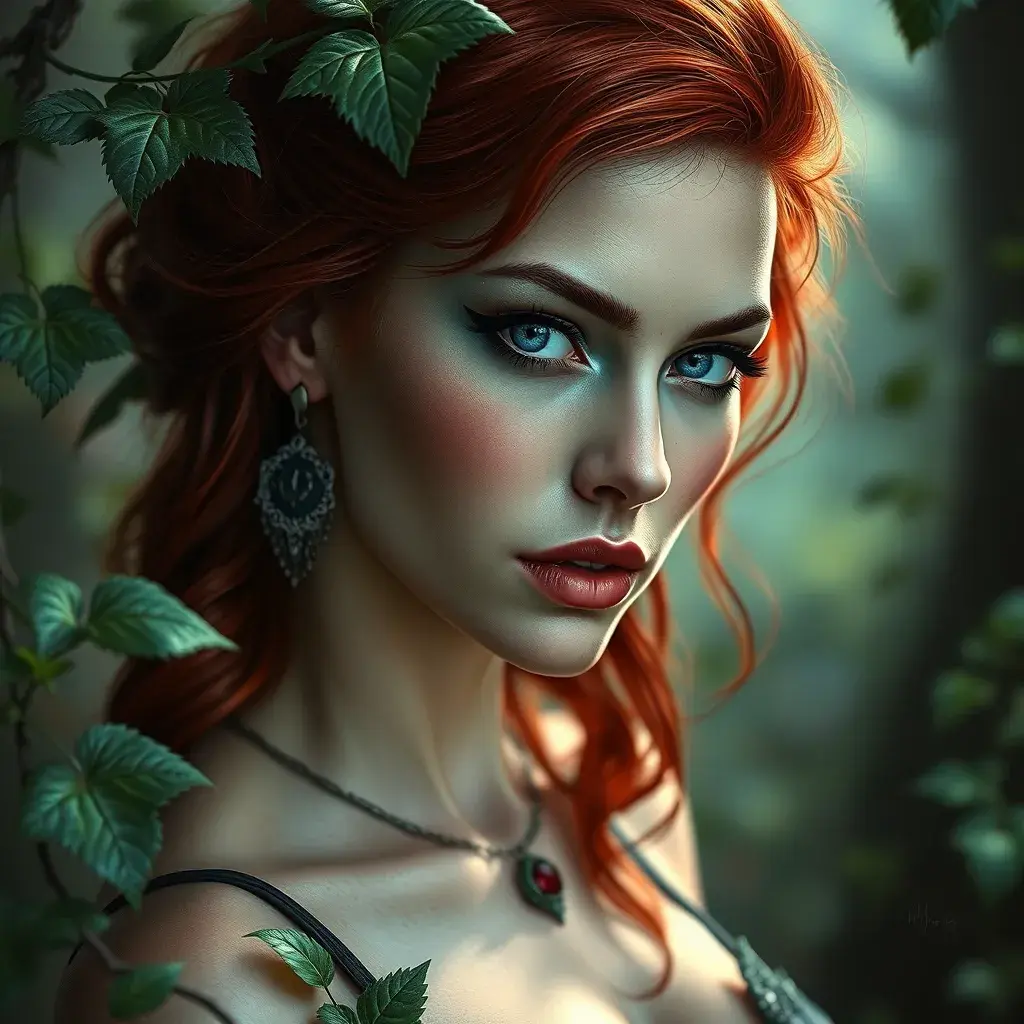 Alluring matte portrait of Poison Ivy in the style of Stefan Kostic, 8k, Highly Detailed, Intricate, Half Body, Matte Painting, Realistic, Sharp Focus, Fantasy by Greg Rutkowski