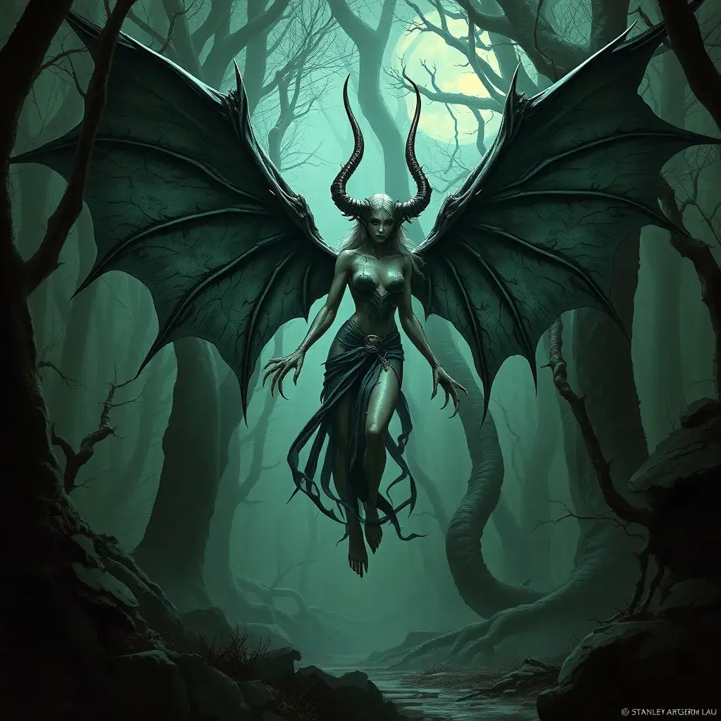 Winged succubus in a haunted forest, Highly Detailed, Intricate, Gothic, Volumetric Lighting, Fantasy, Dark by Stanley Artgerm Lau