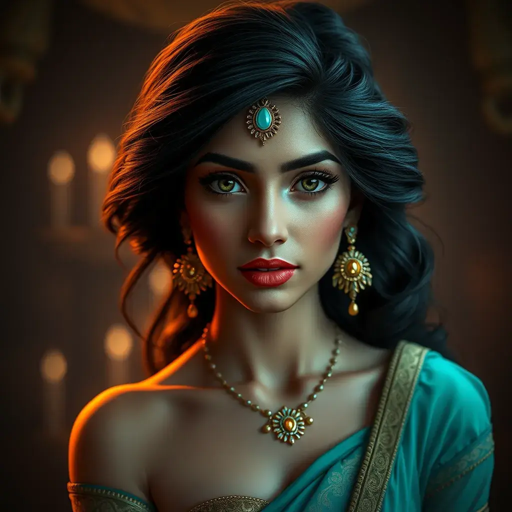 Alluring matte portrait of Princess Jasmine, HD, Highly Detailed, HQ, Hyper Detailed, Intricate Artwork, Ultra Detailed, Digital Painting, Matte Painting, Realistic, Sharp Focus, Dim light, Fantasy