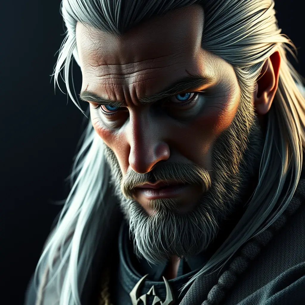 A half body matte portrait of a pleasant Geralt in The Witcher 3 style wearing the Witcher emblem, 4k, Highly Detailed, Beautiful, Cinematic Lighting, Sharp Focus, Volumetric Lighting, Closeup Portrait, Concept Art by Stefan Kostic