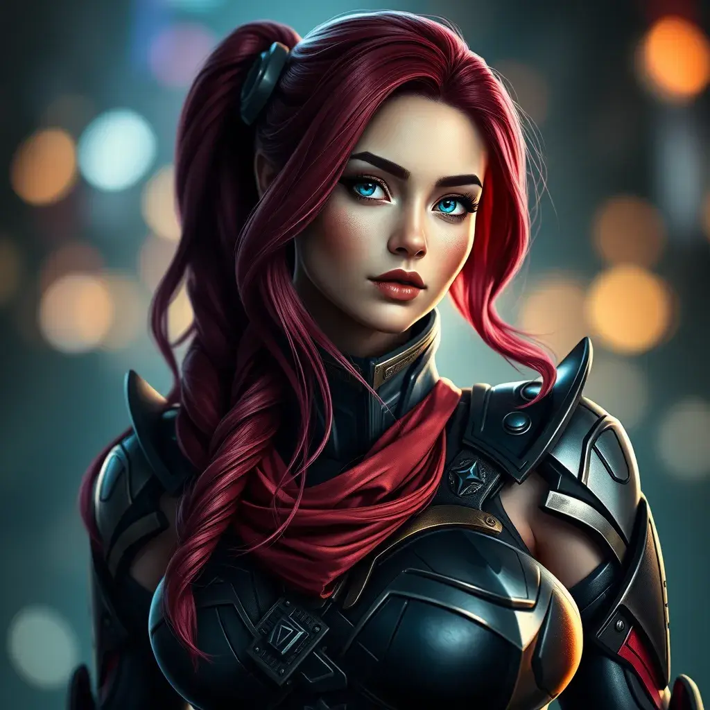 Alluring matte portrait of a beautiful Katarina from League of Legends in her battle suit, Highly Detailed, Full Body, Bokeh effect, Photo Realistic, Sharp Focus by Stefan Kostic