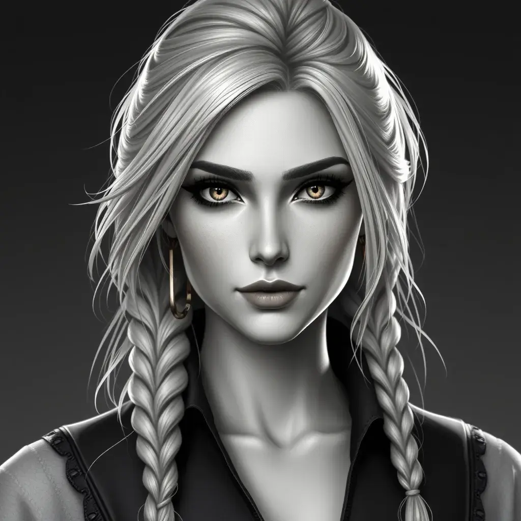 Black and White matte portrait of a beautiful Ciri from the Witcher 3, Highly Detailed, Beautiful, Glamour Shot, Elegant