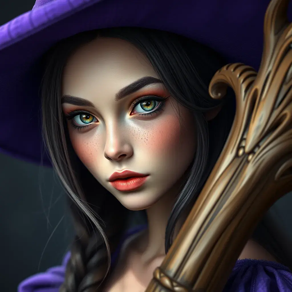 Matte portrait of a beautiful Kiki the witch with a purple hat, 4k resolution, Highly Detailed, Hyper Detailed, Beautiful, Sharp Focus, Fantasy by Stanley Artgerm Lau