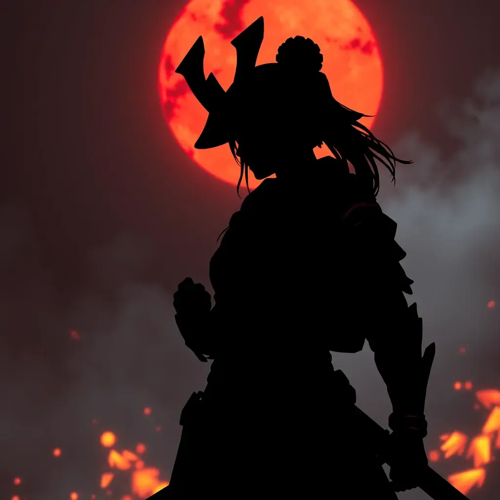 Silhouette of a samurai female assassin in the style of Fire watch, 8k, Dystopian, Trending on Artstation, Volumetric Lighting