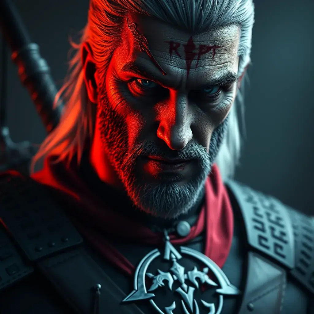 A full body matte portrait of Geralt in The Witcher 3 grey and red style wearing the Witcher medallion, Highly Detailed, Cinematic Lighting, Sharp Focus, Volumetric Lighting by Stefan Kostic