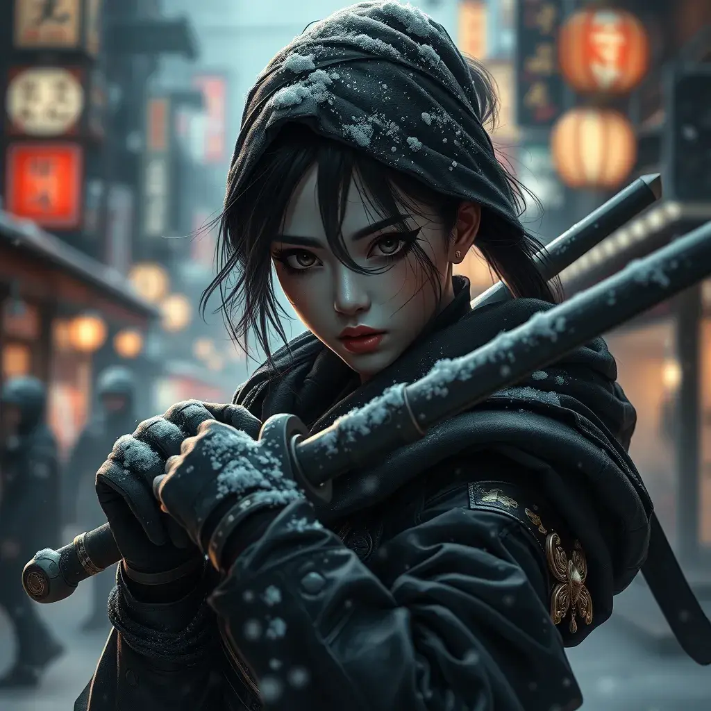 Mysterious beautiful armed kunoichi ninja wearing eyeliner and gold jewelry in the dark snowy streets of tokyo, 8k, Intricate Details, Trending on Artstation, Beautiful, Stunning, Centered by Stanley Artgerm Lau, WLOP