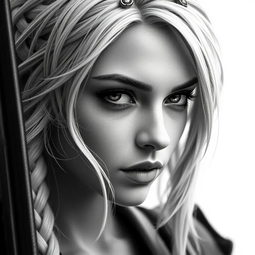 Alluring black and white matte portrait of a beautiful Ciri with a white background, 8k, Highly Detailed, Intricate, Half Body, Realistic, Sharp Focus, Volumetric Lighting, Fantasy, Elegant by Stanley Artgerm Lau