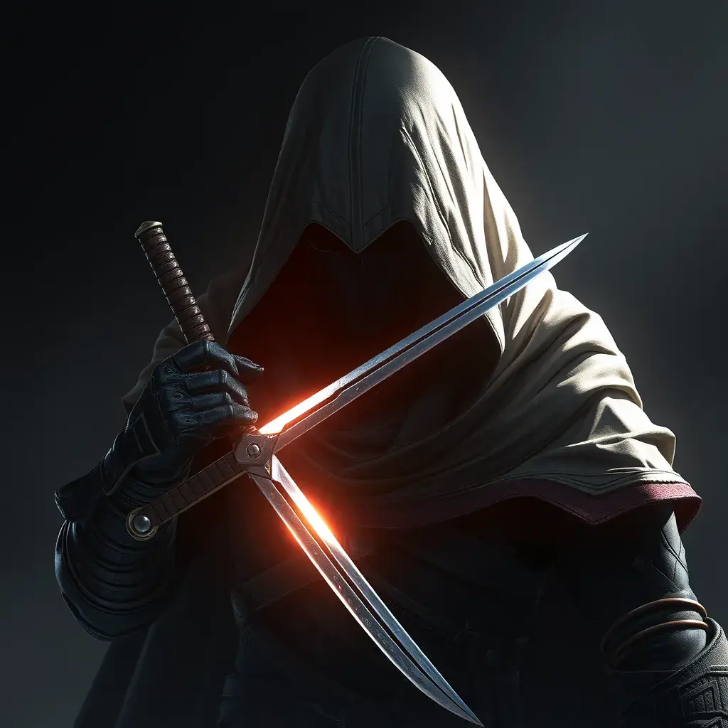 Veiled Assassin with daggers, 8k, Highly Detailed, Artstation, Illustration, Sharp Focus, Unreal Engine, Volumetric Lighting, Concept Art