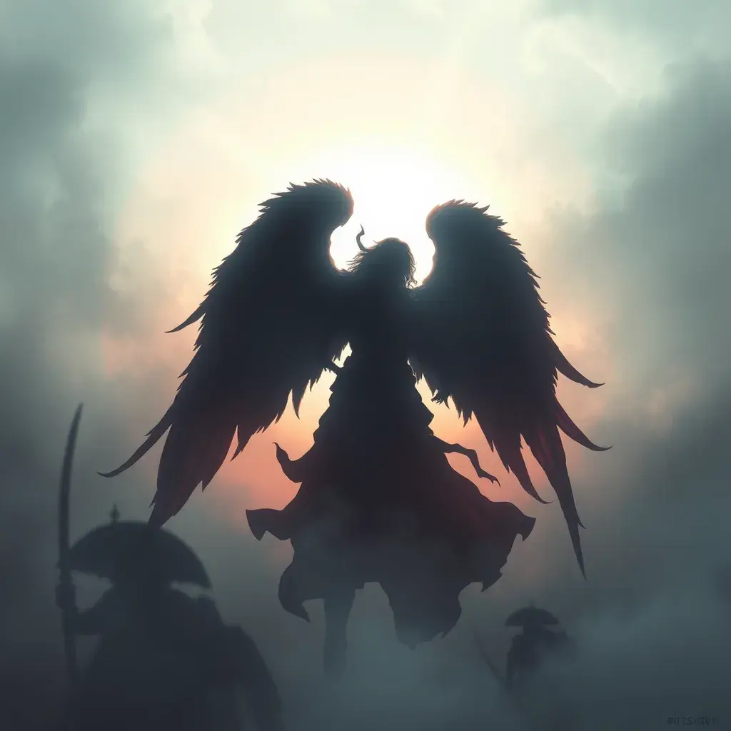 Silhouette of an Angel emerging from the fog of war, Highly Detailed, Vibrant Colors, Fantasy, Dark