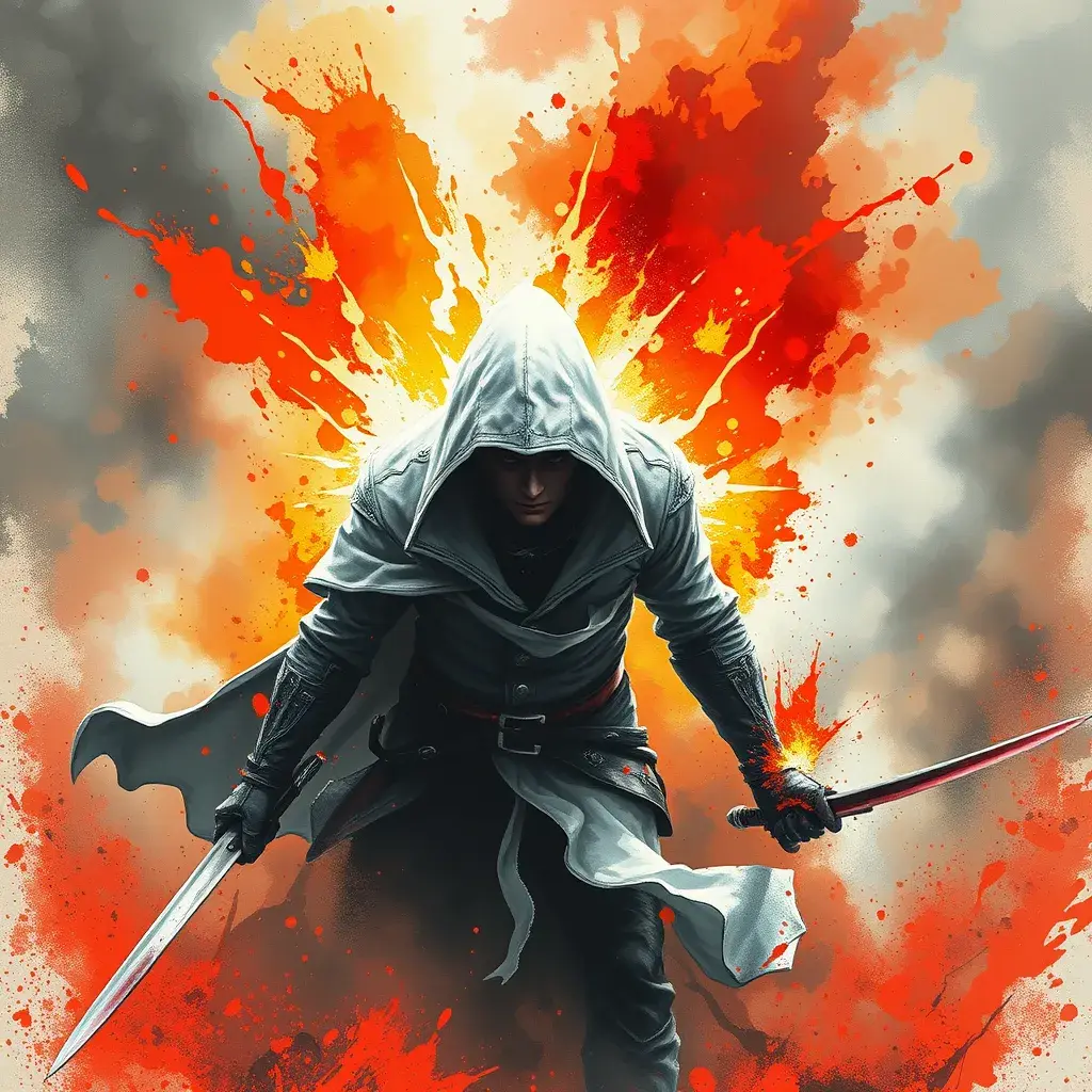 White Assassin emerging from a firey fog of battle, ink splash, Highly Detailed, Vibrant Colors, Ink Art, Fantasy, Dark by Stanley Artgerm Lau