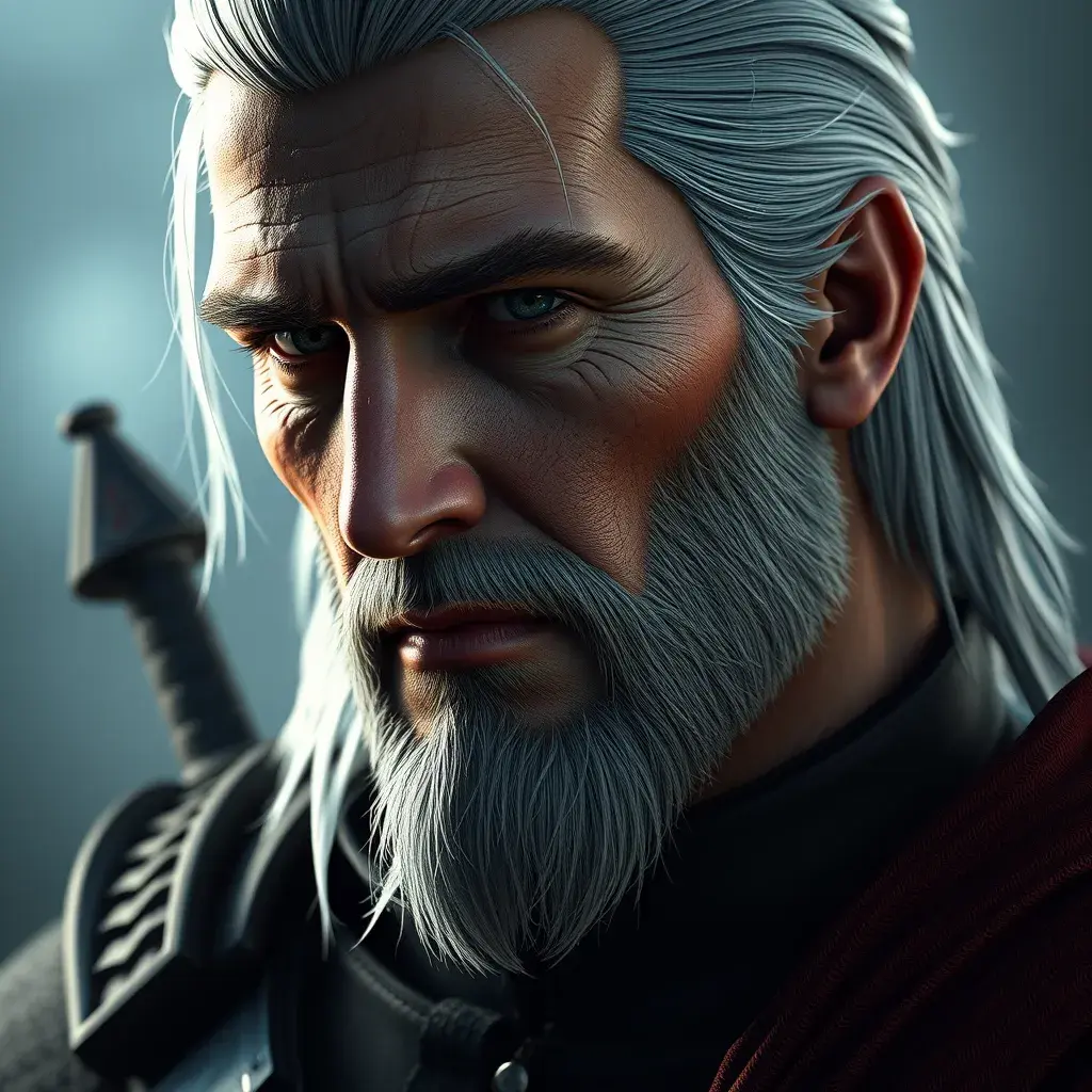 A half body matte portrait of a pleasant Geralt in The Witcher 3 style wearing the Witcher emblem, 4k, Highly Detailed, Beautiful, Cinematic Lighting, Sharp Focus, Volumetric Lighting, Closeup Portrait, Concept Art by Stefan Kostic