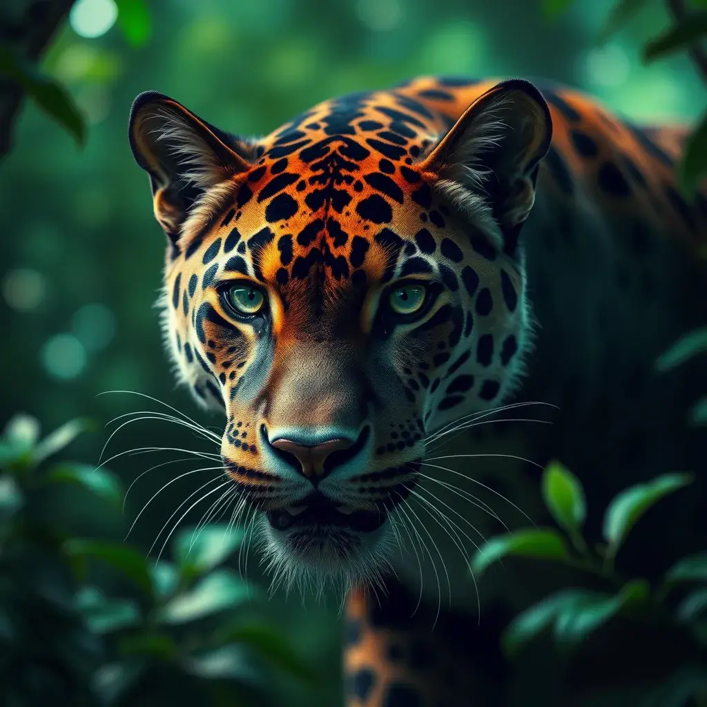 Panther in a green magical forest, Highly Detailed, Bokeh effect, Sharp Focus, Volumetric Lighting, Fantasy