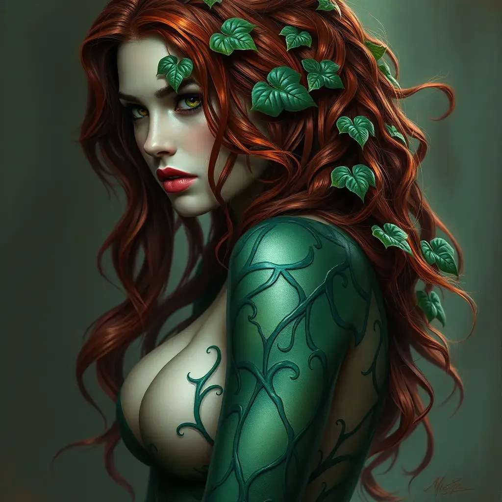 Alluring half body portrait of Poison Ivy in the style of Stefan Kostic, 8k, Highly Detailed, Intricate, Half Body, Matte Painting, Realistic, Sharp Focus, Fantasy by Greg Rutkowski