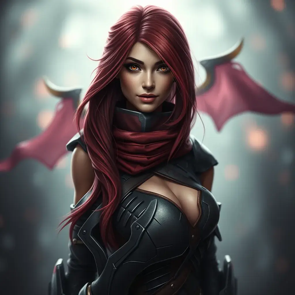 Alluring matte portrait of a beautiful Katarina from League of Legends in her battle suit, Highly Detailed, Full Body, Bokeh effect, Photo Realistic, Sharp Focus by Stefan Kostic