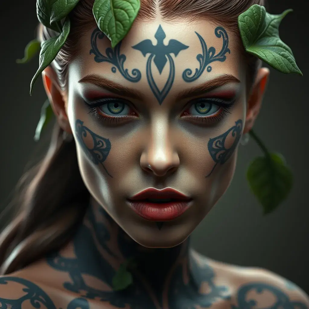 Matte portrait of a tattooed Poison Ivy, symmetrical face, 8k, Highly Detailed, Intricate, Artstation, Sharp Focus, Volumetric Lighting, Concept Art by Stanley Artgerm Lau, Greg Rutkowski