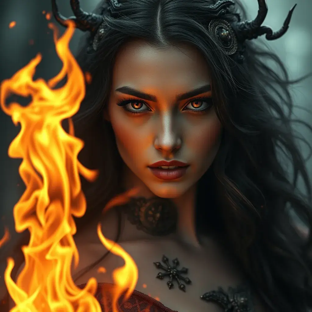 Alluring highly detailed matte portrait of a beautiful fire sorceress in the style of Stefan Kostic, 8k, High Definition, Highly Detailed, Intricate, Half Body, Realistic, Sharp Focus, Fantasy, Elegant