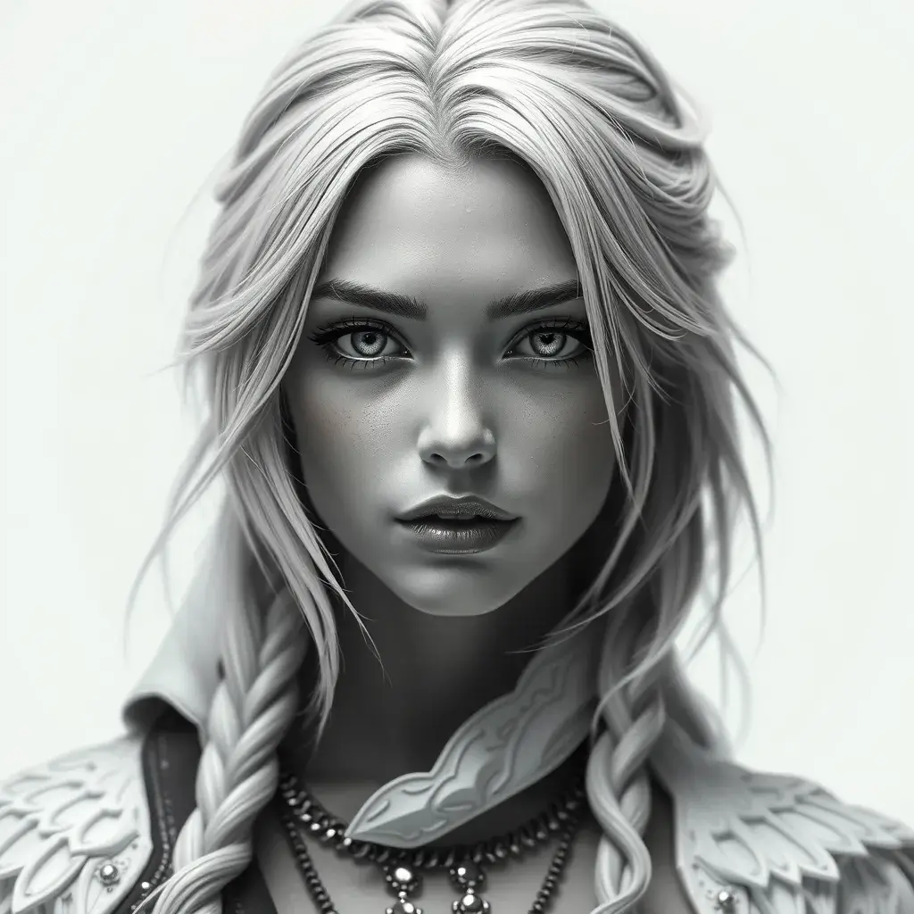 Alluring black and white matte portrait of a beautiful Ciri with a white background, 8k, Highly Detailed, Intricate, Half Body, Realistic, Sharp Focus, Volumetric Lighting, Fantasy, Elegant by Stanley Artgerm Lau