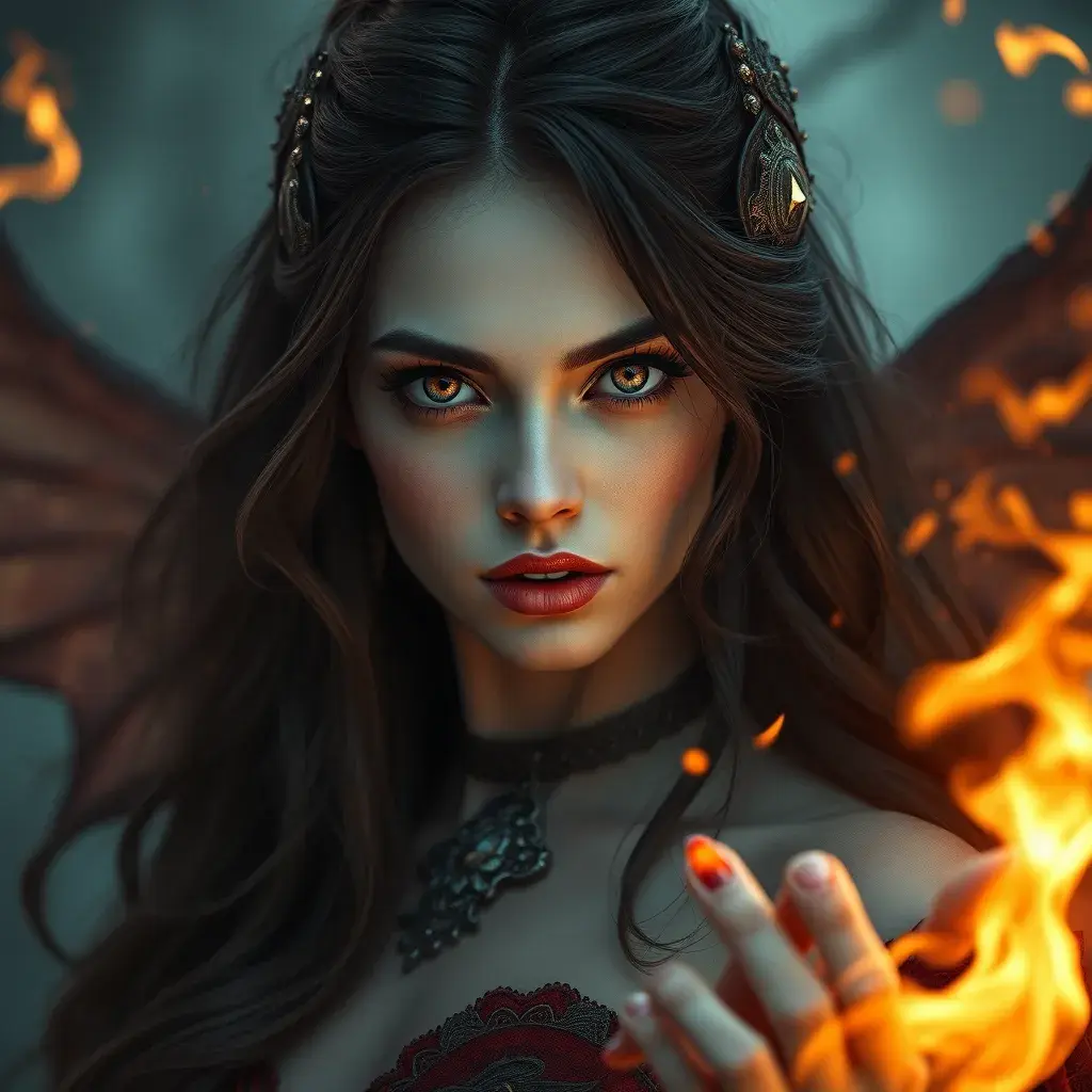 Alluring highly detailed matte portrait of a beautiful fire sorceress in the style of Stefan Kostic, 8k, High Definition, Highly Detailed, Intricate, Half Body, Realistic, Sharp Focus, Fantasy, Elegant