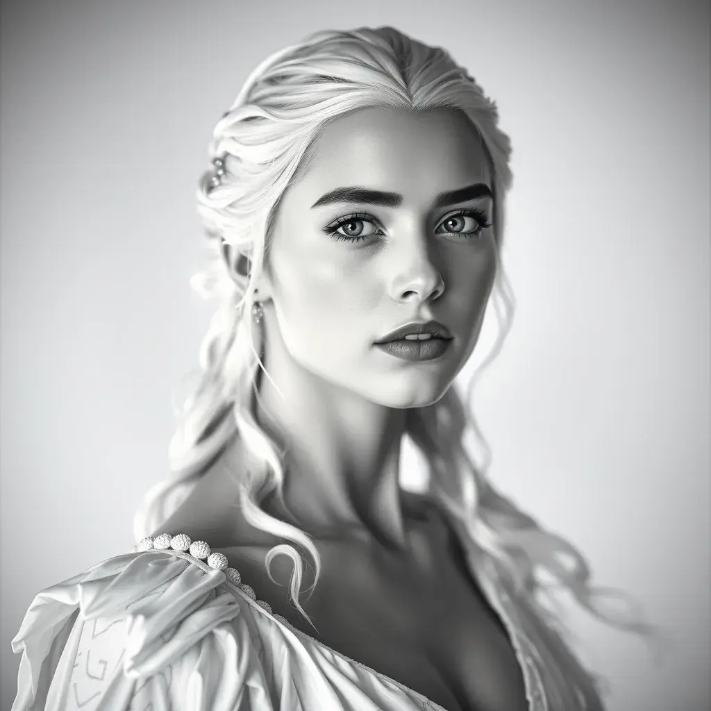 Alluring black and white matte portrait of a beautiful Daenerys Targaryen with a white background in a white dress, 8k, Highly Detailed, Intricate, Half Body, Realistic, Sharp Focus, Volumetric Lighting, Fantasy, Elegant by Stanley Artgerm Lau