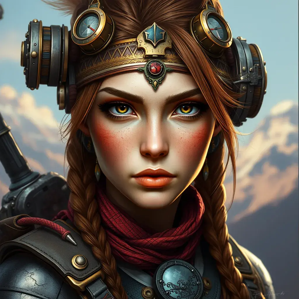 Steampunk portrait of Aloy from Horizon Zero Dawn, Highly Detailed, Intricate, Artstation, Beautiful, Digital Painting, Sharp Focus, Concept Art, Elegant