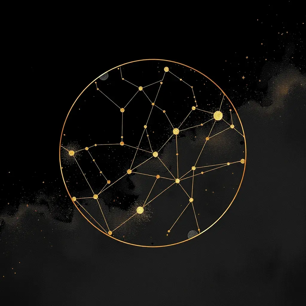 minimalist, elegant, discreet, abstract, enigmatic, sophisticated, modern, mysterious and perfect painting of constellations in black gold and silver, Digital Illustration