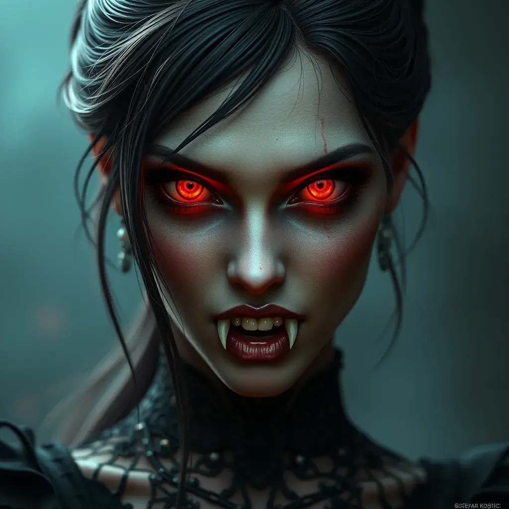 A beautiful romanian vampire woman with penetrating red bright eyes, long fangs, perfect face, 8k, Hyper Detailed, Intricate Details, Masterpiece, Contemporary, Full Body, Trending on Artstation, Gothic, Deviantart, Concept Art by Stefan Kostic