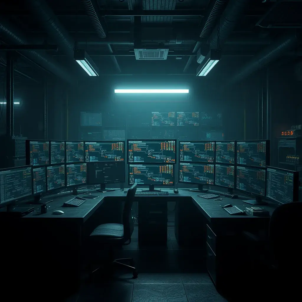 A dark industrial desk from the future with many monitors, Photo Realistic, Volumetric light effect, Octane Render, Unreal Engine, Ambient Occlusion, Maximalism, Industrial by Beeple