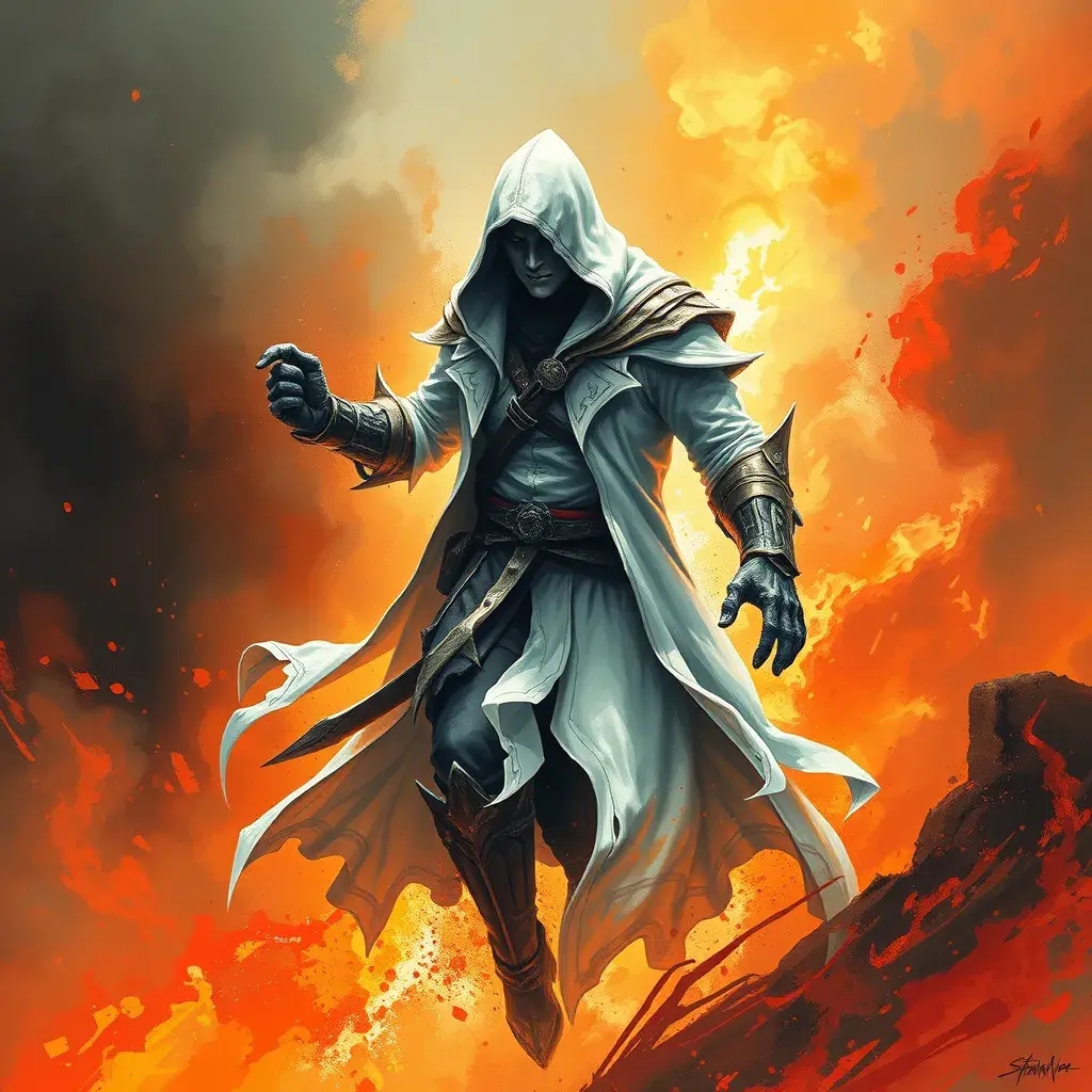 White Assassin emerging from a firey fog of battle, Highly Detailed, Vibrant Colors, Ink Art, Fantasy, Dark by Stanley Artgerm Lau