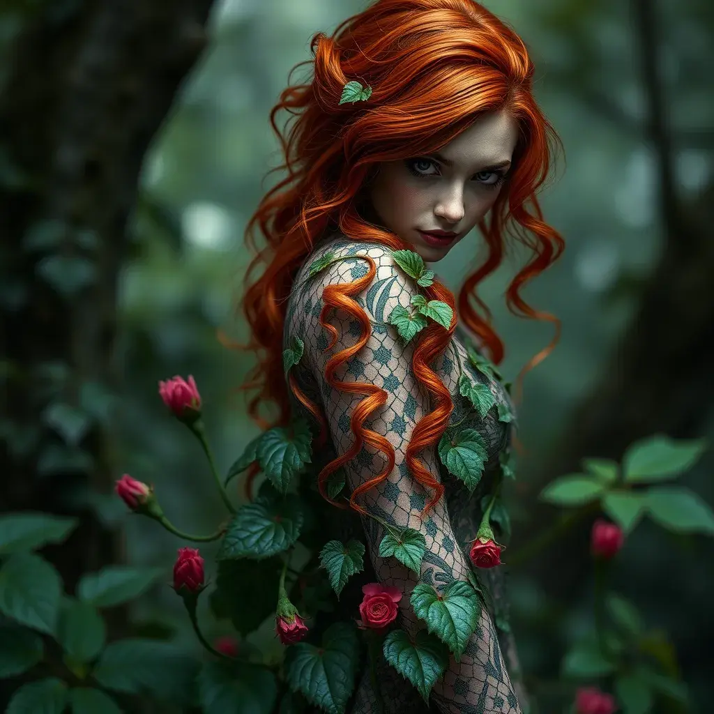 An beautiful fierce red headed Poison Ivy, Intricate, Half Body, Photo Realistic