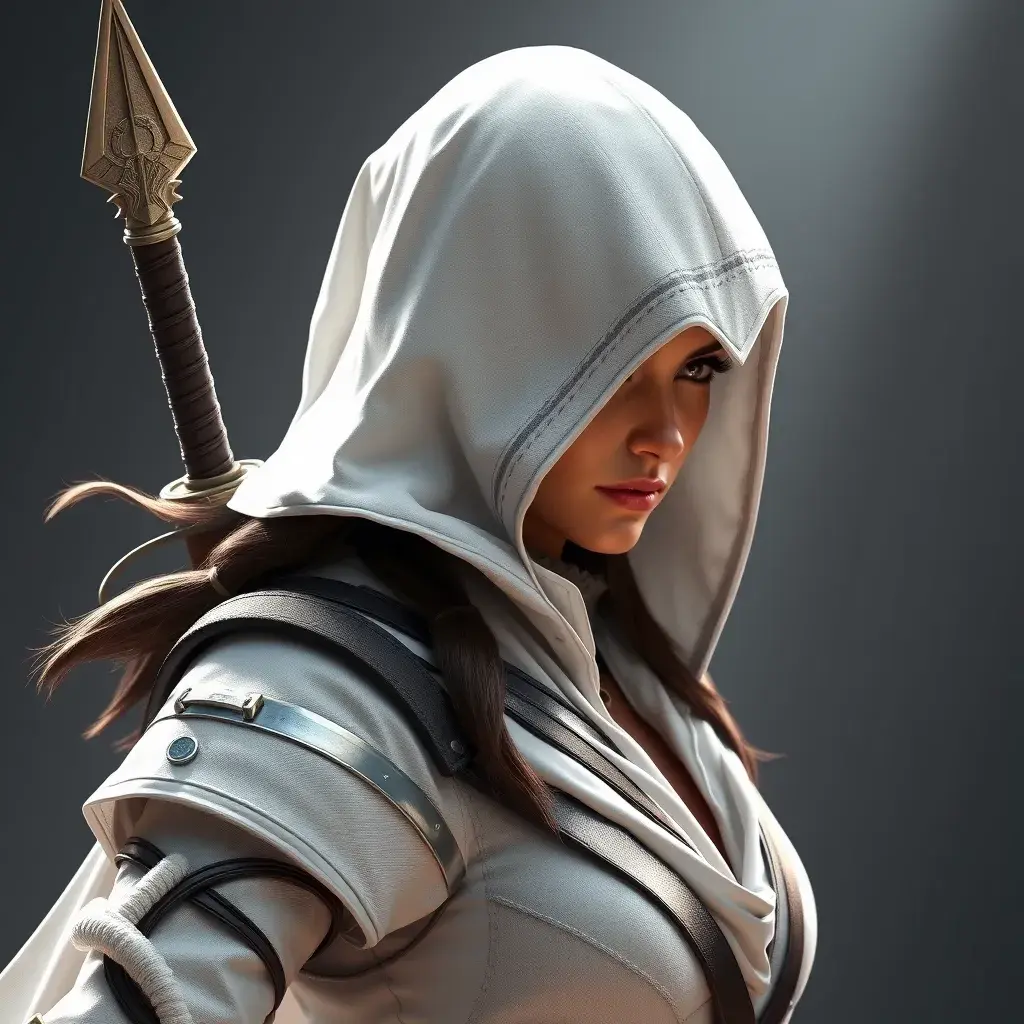 A beautiful Kassandra in white Assassin's Creed style, Highly Detailed, Half Body, Sharp Focus, Volumetric Lighting