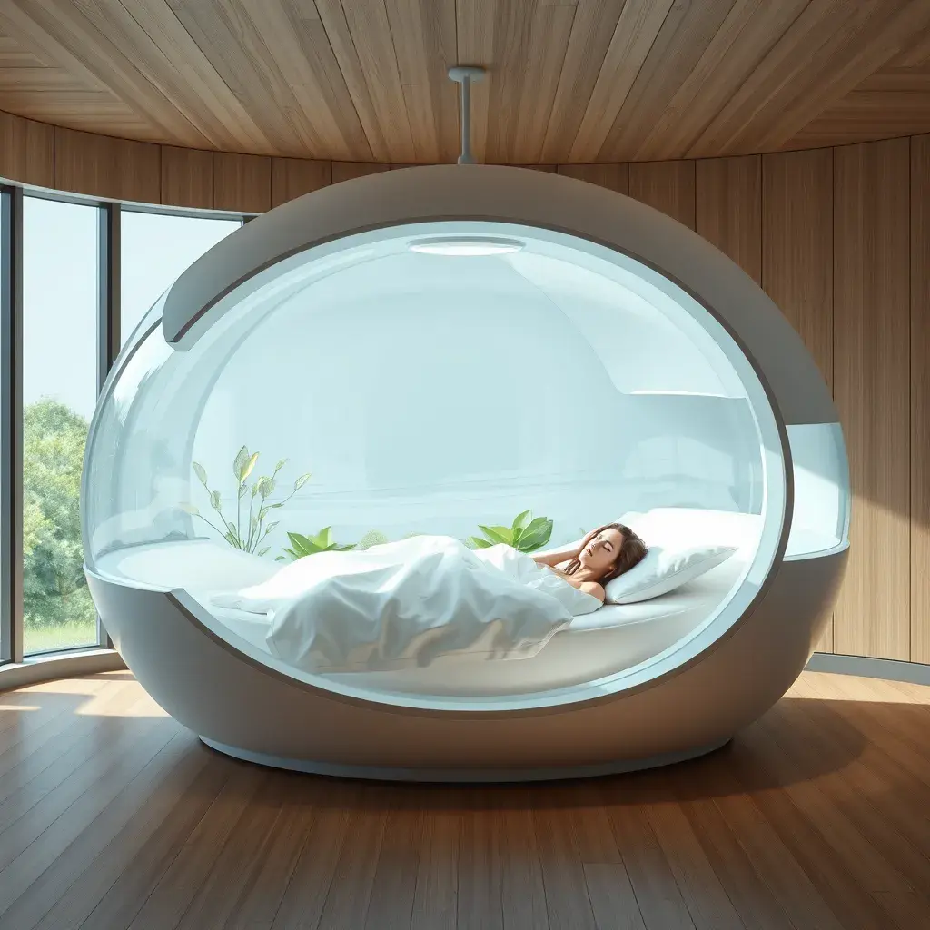 Futuristic sleeping relax pod, transparent orb, plants, natural daytime lighting, natural wooden environment, flat design, product-view, 8k, Futuristic, Sci-Fi, Natural Light