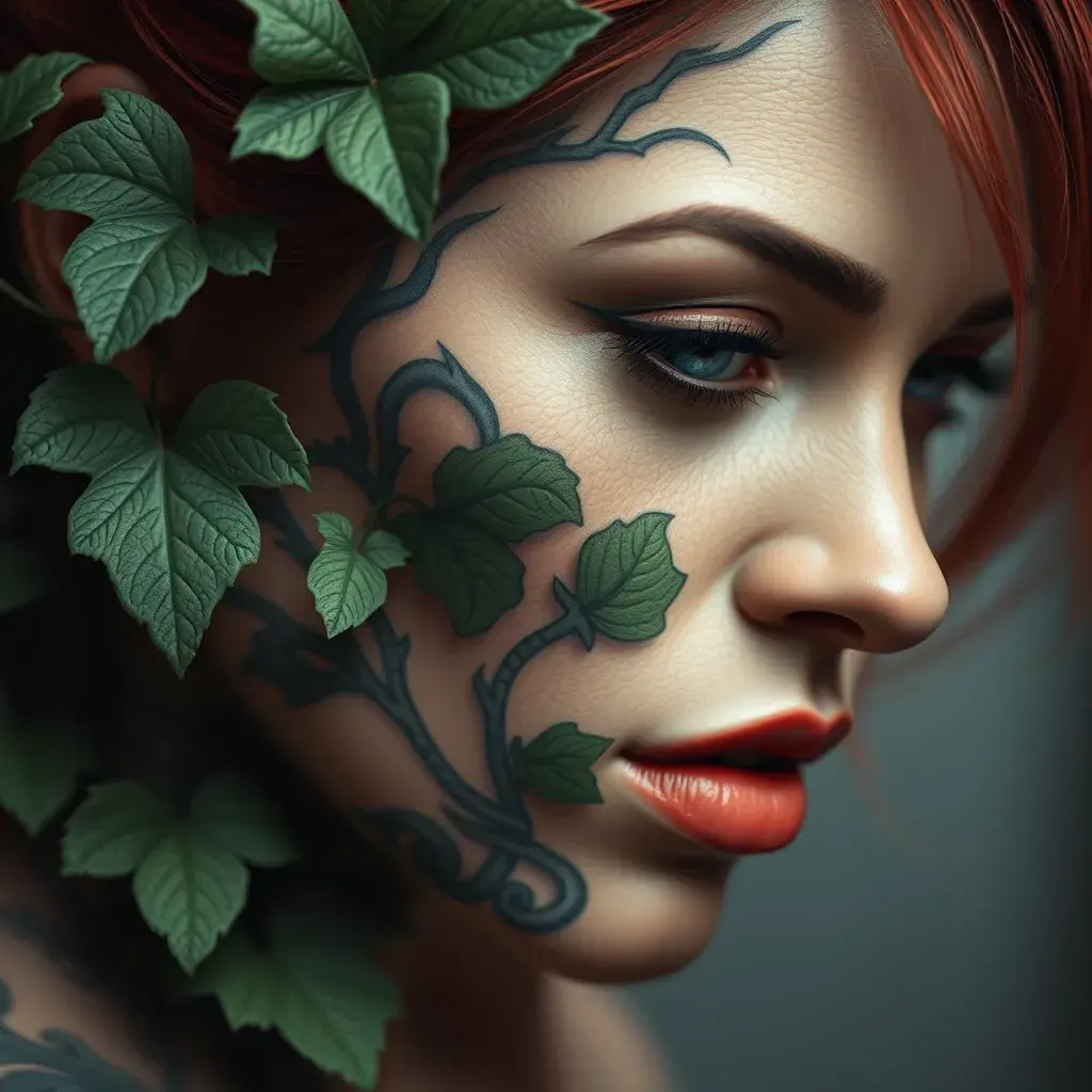 Closeup matte portrait of a tattooed Poison Ivy, 8k, Highly Detailed, Intricate, Artstation, Matte Painting, Sharp Focus, Concept Art by Stanley Artgerm Lau, Greg Rutkowski