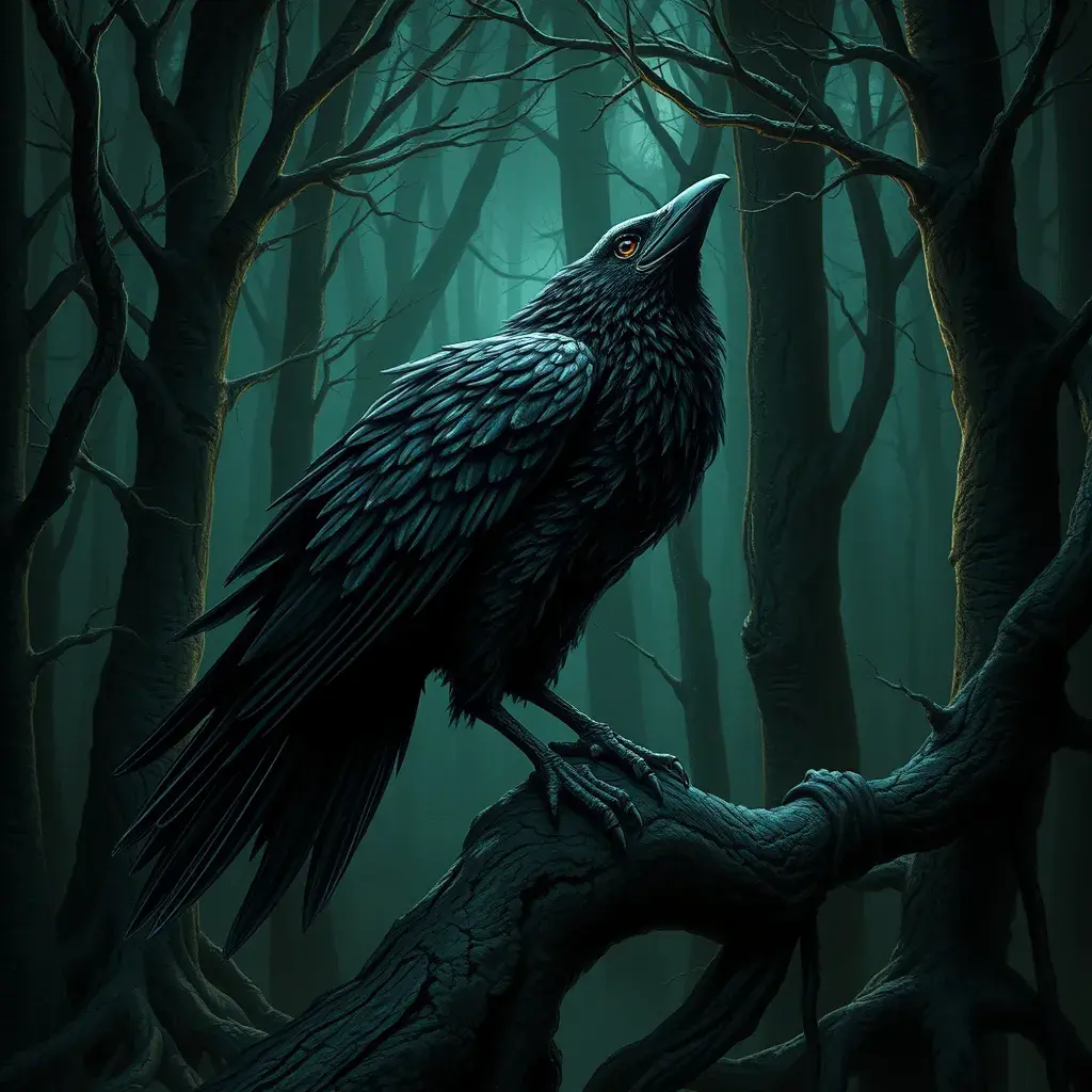 Raven in a haunted forest, Highly Detailed, Intricate, Gothic, Volumetric Lighting, Fantasy, Dark by Stanley Artgerm Lau