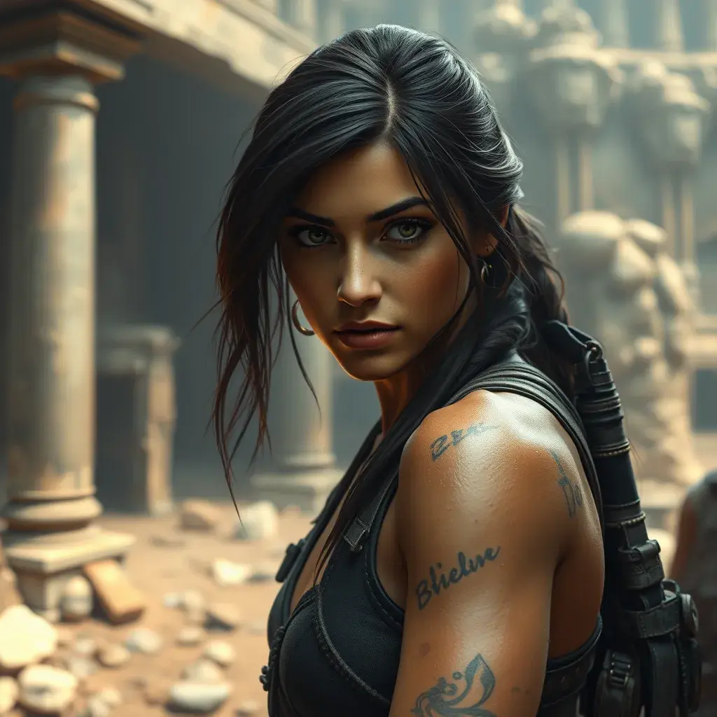 Matte portrait of a beautiful Lara Croft exploring an ancient ruin, 8k, Highly Detailed, Intricate, Realistic, Sharp Focus, Volumetric Lighting, Fantasy, Elegant by Stanley Artgerm Lau, WLOP, Stefan Kostic