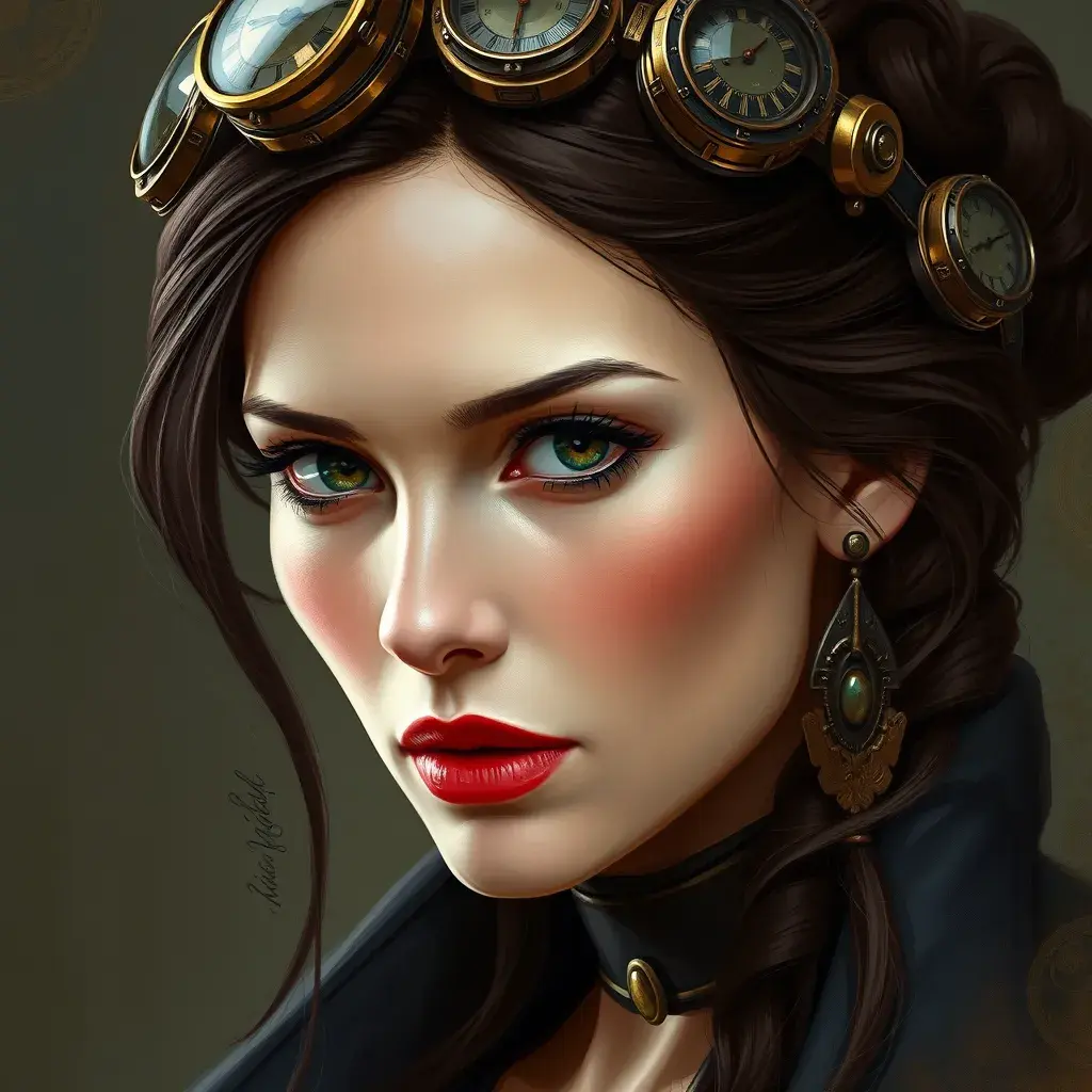 Steampunk portrait of Famke Janssen, Highly Detailed, Intricate, Artstation, Beautiful, Digital Painting, Sharp Focus, Concept Art, Elegant